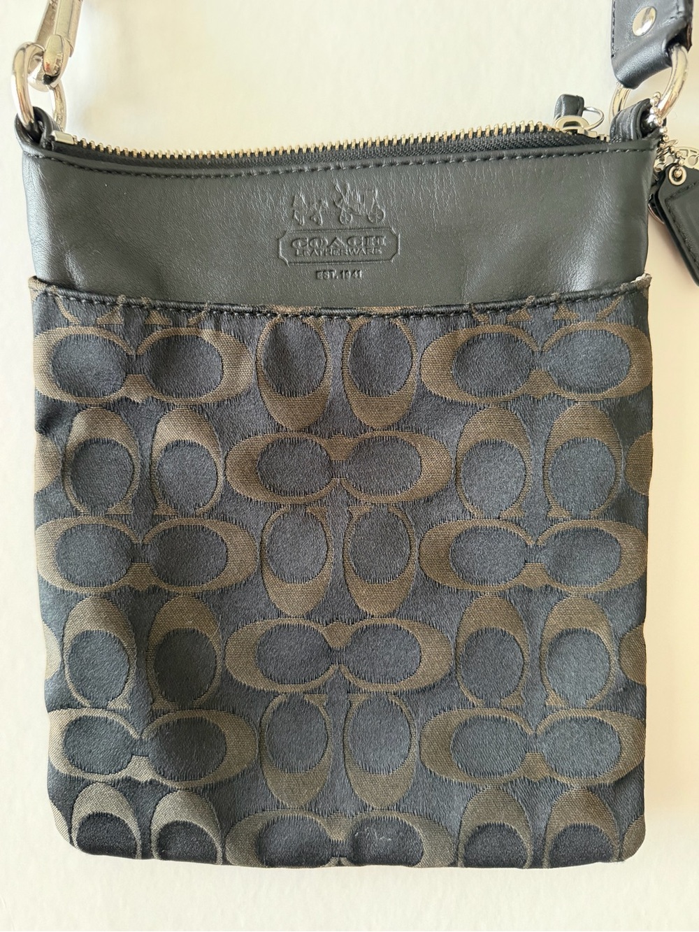 Coach Black Signature Crossbody Pouch with Leather Trim